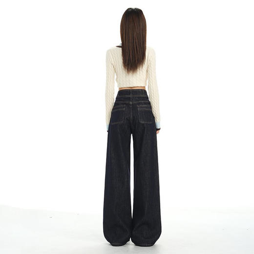 罗蒙女士牛仔裤金扣裤子显瘦深蓝色直筒裤百搭休闲阔腿宽松拖地牛仔裤 商品图7