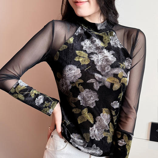 KQLA55F8706 2025秋冬复古印花高领打底衫高级感修身长袖网纱蕾丝上衣前后两穿 商品图3