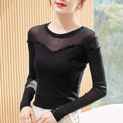 雀说新款洋气打底衫女上衣手工钉珠百搭小衫大码弹力纱衣女TAL13891 商品图4
