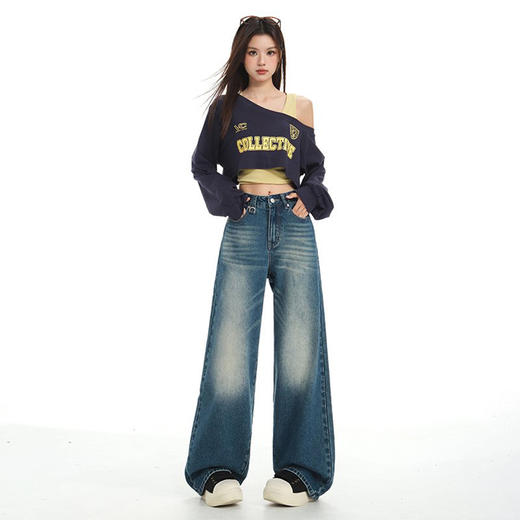 罗蒙女士牛仔裤怀旧色阔腿裤复古宽松垂感直筒裤显瘦慵懒感百搭拖地裤 商品图4