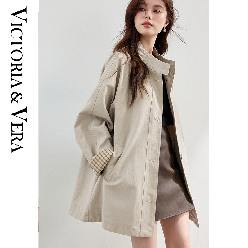 VICTORIA&VERA秋季【尘织象限】格子袖立领风衣卡其色全棉中长款肌理廓形通勤必备