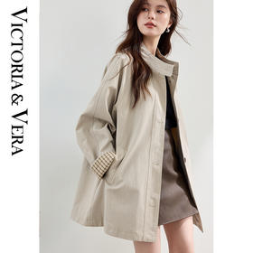 VICTORIA&VERA秋季【尘织象限】格子袖立领风衣卡其色全棉中长款肌理廓形通勤必备