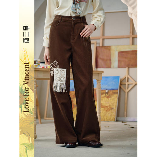 两三事梵高文艺 都市岛屿 2025冬季新款森女风刺绣灯芯绒休闲裤女 商品图0