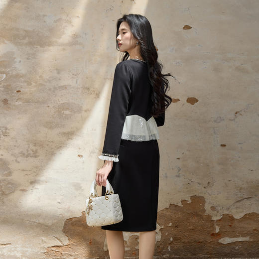 奢姿大码女装2025秋季减龄亮片拼接连衣裙胖妹妹纽扣装饰圆领裙子9953894263 商品图3