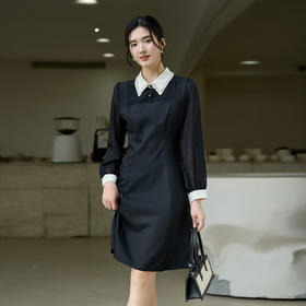 奢姿大码女装2025秋季胖妹妹时尚减龄珍珠装饰气质撞色领连衣裙9953870258