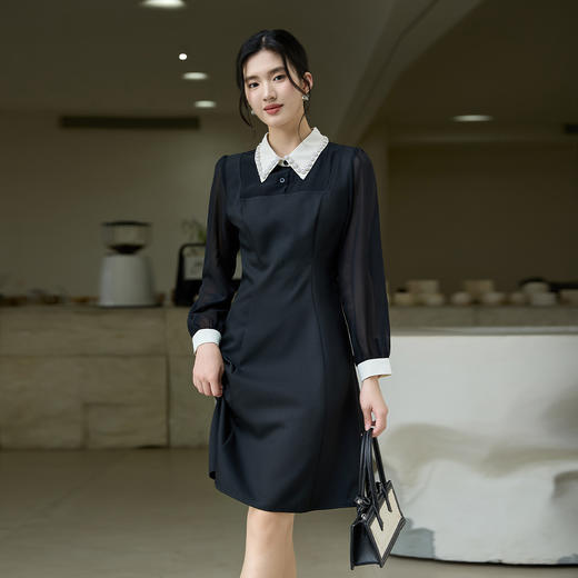 奢姿大码女装2025秋季胖妹妹时尚减龄珍珠装饰气质撞色领连衣裙9953870258 商品图0
