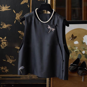 丁摩 新中式优雅气质蜻蜓烫钻中式斜襟丝羊毛背心马甲女5ZF-9292