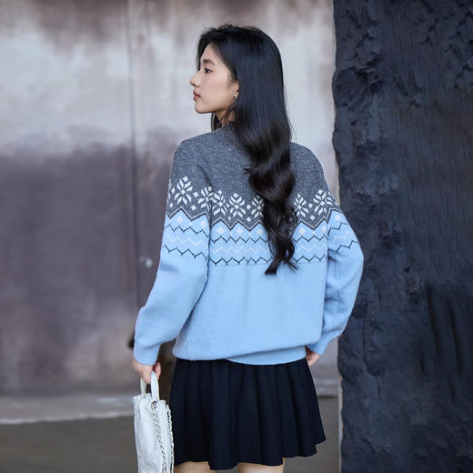 奢姿大码女装2025秋季时尚雪花图案几何拼色毛衣胖妹妹气质针织衫9553670282 商品图3