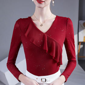 雀说新款荷叶边V领网纱打底衫新款t恤显瘦女上衣AL43891