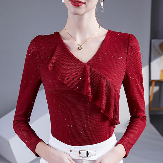 雀说新款荷叶边V领网纱打底衫新款t恤显瘦女上衣AL43891 商品图0