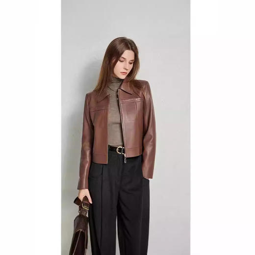 丁摩 真皮绵羊皮短款显瘦正肩方领休闲皮衣女外套夹克671 商品图2