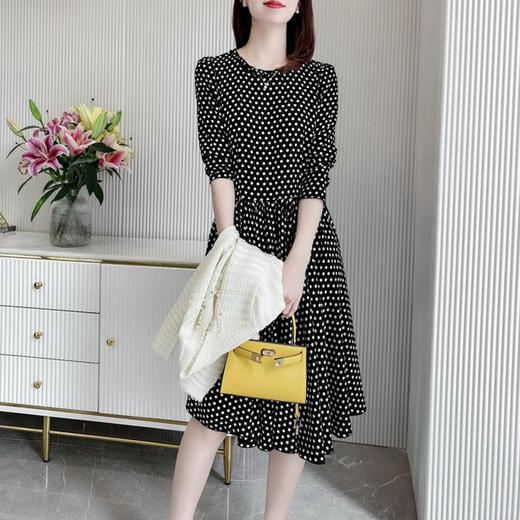 丁摩 设计感高端波点连衣裙女秋季新款圆领长袖气质显瘦裙子5ZF-15458 商品图1