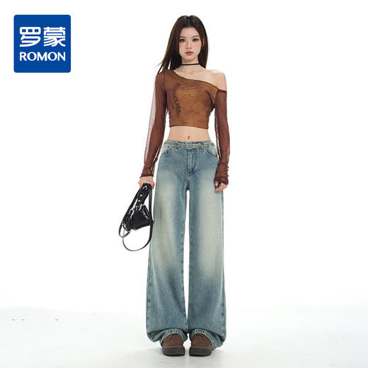 罗蒙秋冬牛仔裤女士阔腿直筒宽松高腰休闲长裤窄版显瘦垂感拖地裤子 商品图2