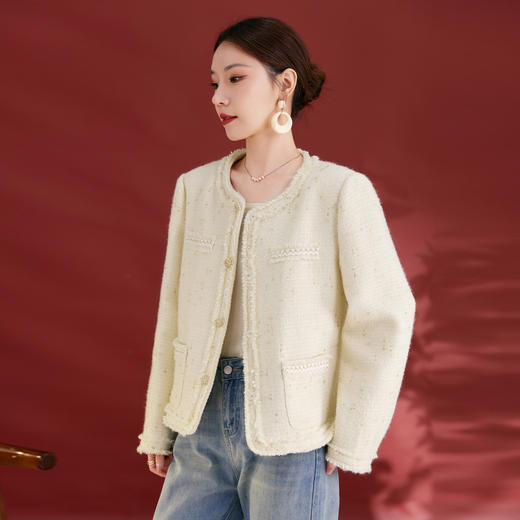 丁摩法式小香风桑蚕丝短外套新款高级感显瘦白色上衣女AL1207 商品图3