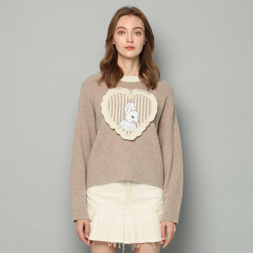 羚荌渼圆领立体绣花绞花贴布绣女羊绒衫 商品图1