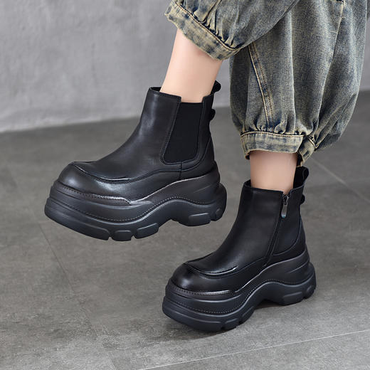 TN T6782-715厚底增高真皮短靴松紧切尔西靴烟筒靴 商品图0