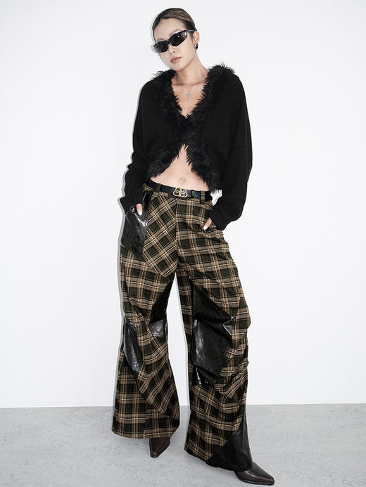 TR她热 经纬革调 棕绿色格纹拼接PU皮设计感休闲复古阔腿裤 商品图1