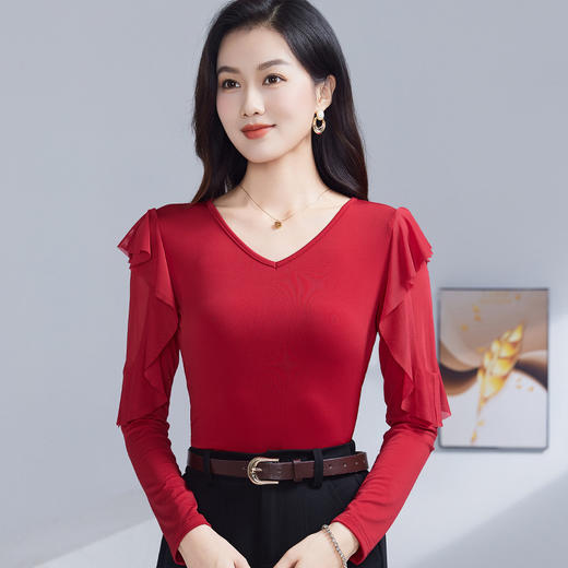 雀说秋季新款V领长袖荷叶边弹力小衫百搭气质打底衫上衣AL53109 商品图4