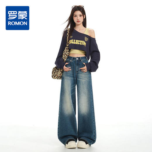 罗蒙女士牛仔裤怀旧色阔腿裤复古宽松垂感直筒裤显瘦慵懒感百搭拖地裤 商品图1