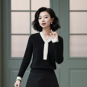 西子/青春再现法式优雅V领设计感纽结羊毛黑色针织衫/MSHY036