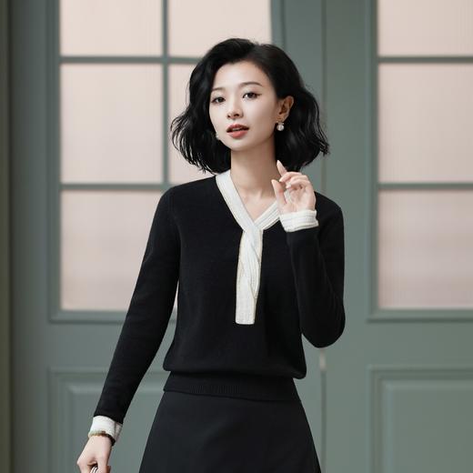 西子/青春再现法式优雅V领设计感纽结羊毛黑色针织衫/MSHY036 商品图0
