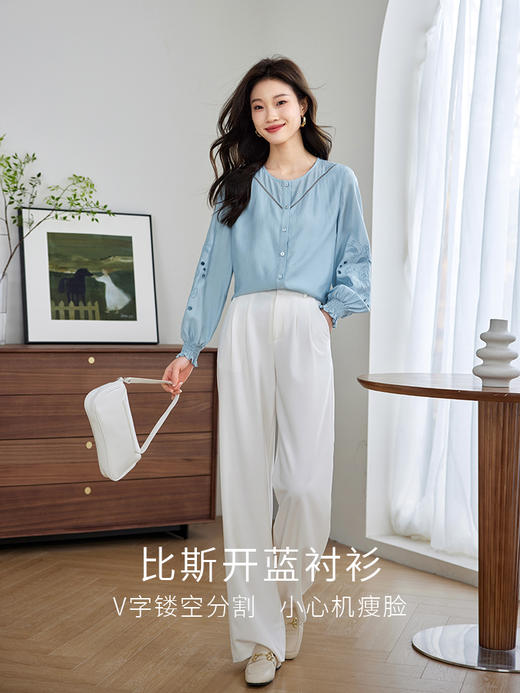 【年终特卖】熙世界2025秋季新款法式刺绣泡泡袖衬衣设计感气质显瘦衬衫上衣 商品图2