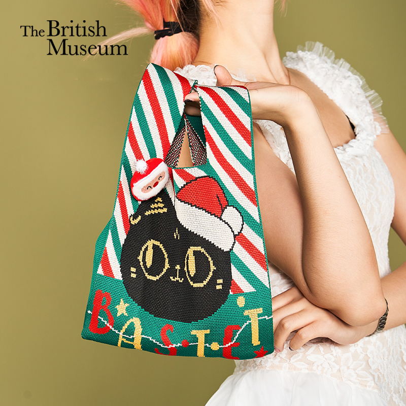 大英博物馆巴斯特圣诞萌猫针织手拎包女通勤休闲包中号实用伴手礼