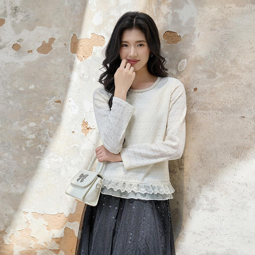 奢姿大码女装2025秋季减龄钉珠圆领衬衫胖妹妹蕾丝花边拼接上衣 商品图2