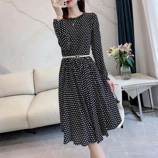 丁摩 设计感高端波点连衣裙女秋季新款圆领长袖气质显瘦裙子5ZF-15458 商品图2
