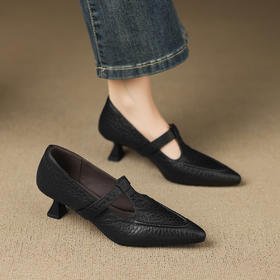 【预售5天】秋季新款5cm气质法式羊皮尖头浅口丁字带粗跟通勤优雅单鞋JLY&18-783