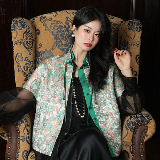 新中式女装改良唐装上衣国风盘扣绿色小雏菊坎肩斗篷式马甲 商品图2