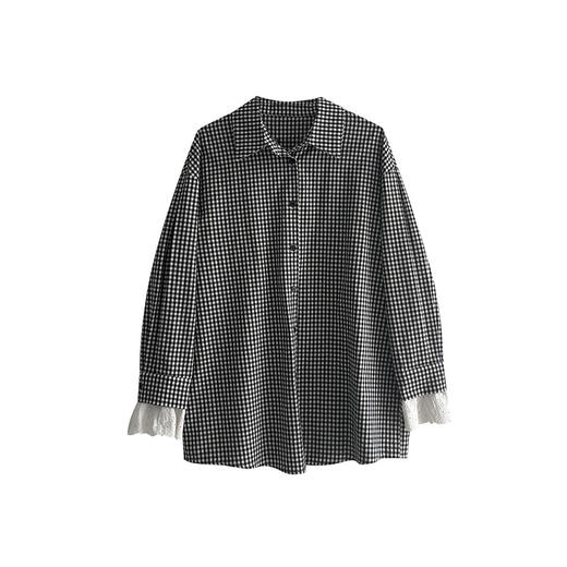 J6319韩系温柔风袖口蕾丝花边格子长袖女式衬衫女秋季宽松衬衣 商品图1