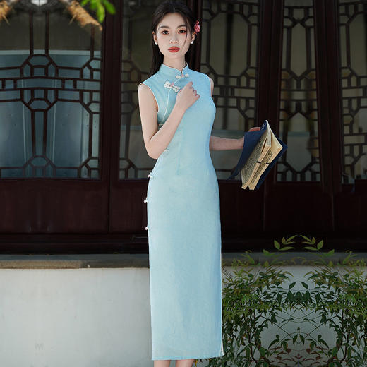 2025春夏新款中国风仿天丝长款复古旗袍女装改良修身连衣裙双层 商品图0