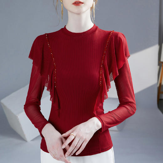 雀说新款荷叶边钉珠打底衫网纱长袖洋气时尚女上衣小衫AL36760 商品图2
