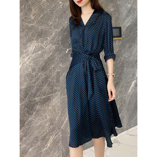 丁摩 v领长袖波点连衣裙女秋季新款高级感收腰显瘦中长a字裙 5ZF-0468 商品图2