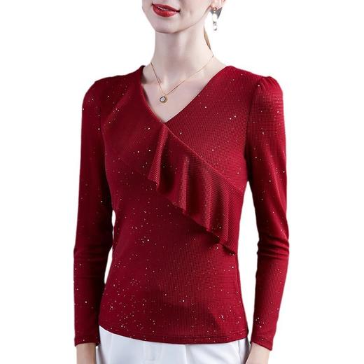 雀说新款荷叶边V领网纱打底衫新款t恤显瘦女上衣AL43891 商品图4