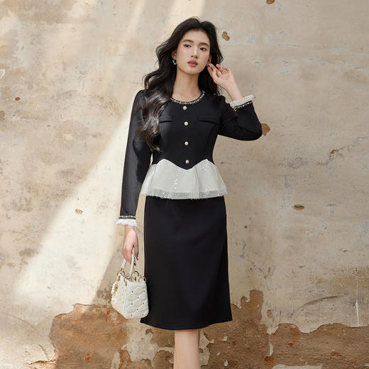 奢姿大码女装2025秋季减龄亮片拼接连衣裙胖妹妹纽扣装饰圆领裙子9953894263 商品图4