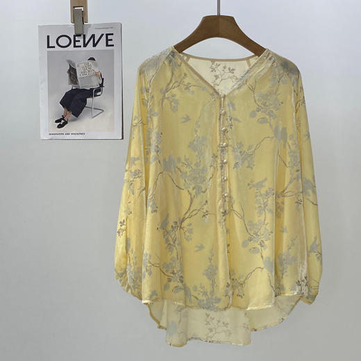 双色新款真丝丝绒灯笼袖印花外套复古新中式V领汉服唐装雅韵上衣 商品图2