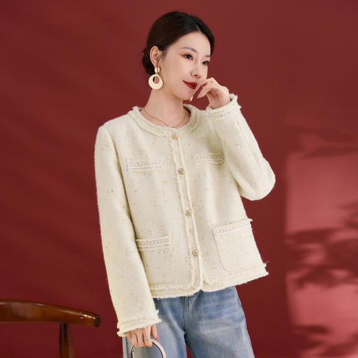 丁摩法式小香风桑蚕丝短外套新款高级感显瘦白色上衣女AL1207 商品图0