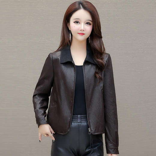 QYMLRX-SD58827-Y 时尚皮衣外套女秋季新款洋气显瘦百搭皮夹克拼接短款上衣 商品图0