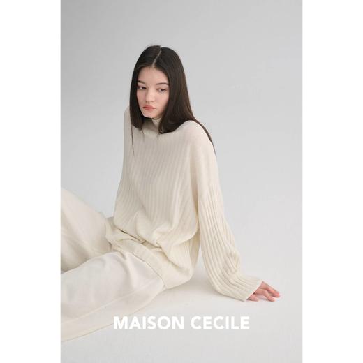 MAISON CECILE 羊绒羊毛针织半高领慵懒感立体条纹灯笼袖针织毛衣 商品图3