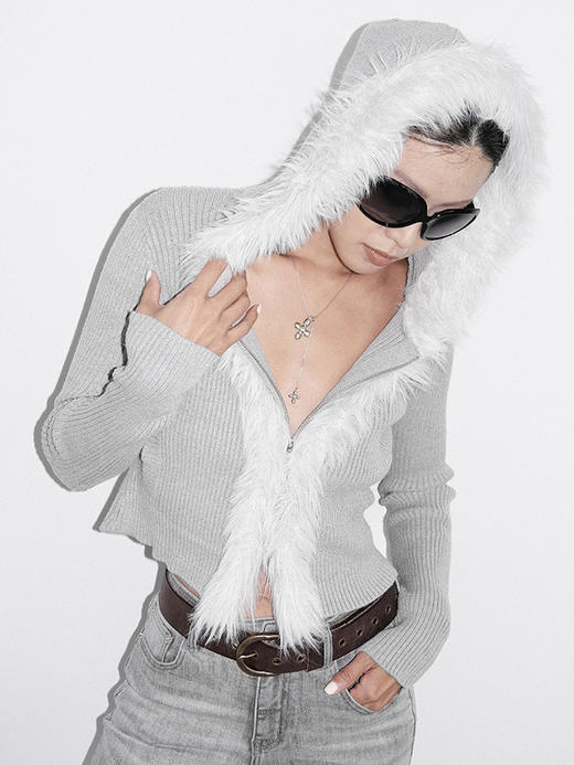 TR她热 迷失东京 灰色针织连帽拼接皮草复古双拉链开衫外搭 商品图4