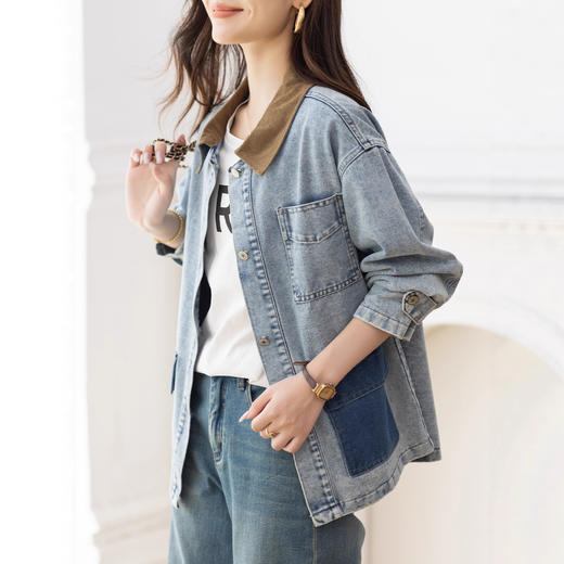 雀说休闲简约翻领拼接牛仔外套新款气质减龄上衣AL5019 商品图1