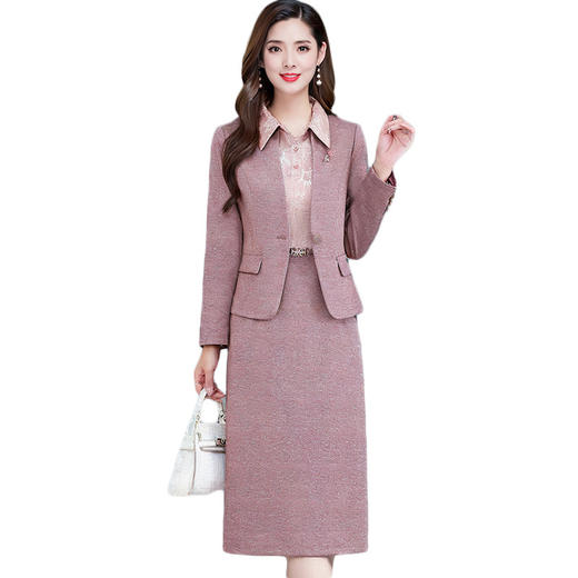 QYMYJ-25B268-Y豆沙粉时尚连衣裙小西装外套+连衣裙两件套秋季新款女士套装 商品图4