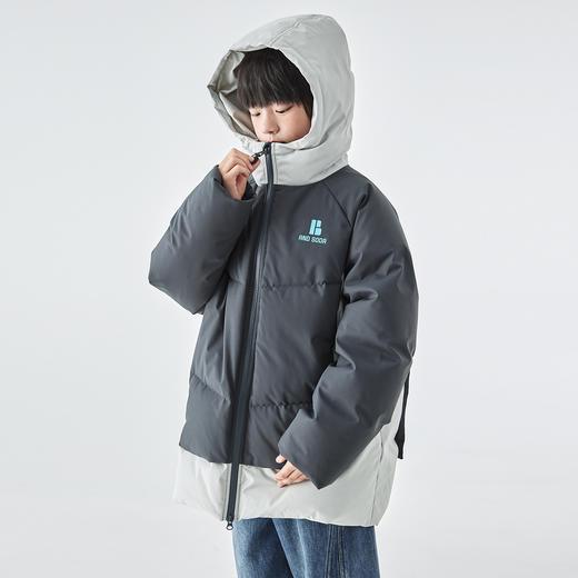 蓝汽水2025年冬季新款亲子中大童中长羽绒服连帽撞色拼接保暖外套 商品图2