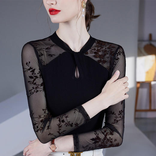 雀说别致镂空网纱拼接打底衫气质修身内搭t恤小衫黑色长袖女上衣AL46983 商品图1