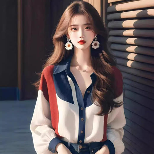 丁摩新款女装高级感独特超好看宽松上衣撞色灯笼袖衬衫5ZF-9448 商品图3