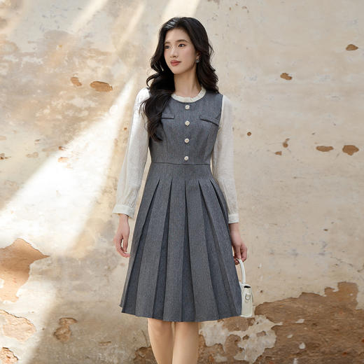 奢姿大码女装2025秋季减龄学院风拼接连衣裙胖妹妹时尚百褶裙子9953853598 商品图1