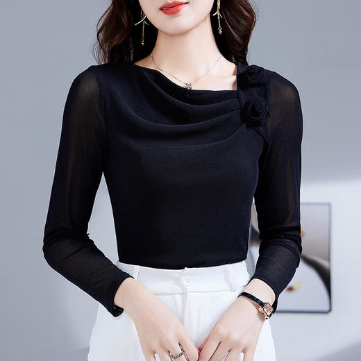 雀说新款玫瑰花荡领弹力网纱时尚洋气百搭纯色长袖T恤女上衣AL46006 商品图1