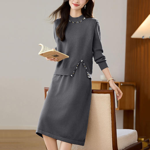 雀说马夹背心女外搭两件套毛衣裙长款气质马甲连衣裙套装AL8502 商品图3